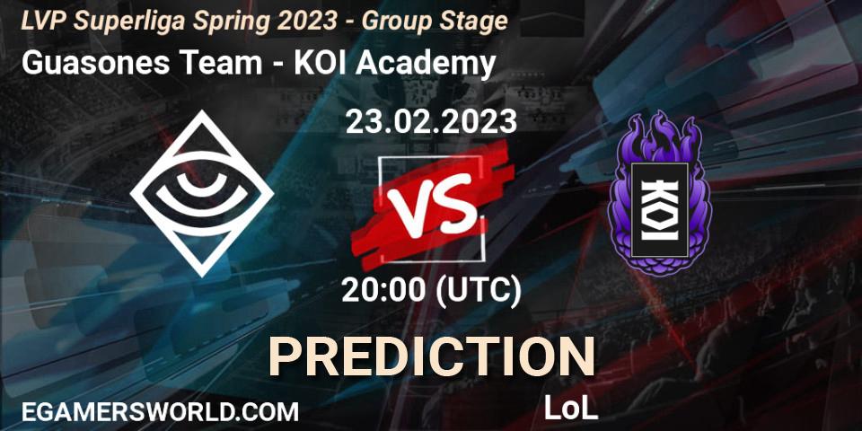 Pronósticos Guasones Team - KOI Academy. 23.02.2023 at 17:00. LVP Superliga Spring 2023 - Group Stage - LoL