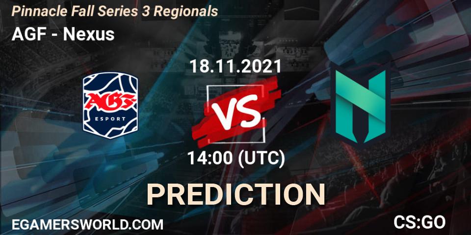 Pronósticos AGF - Nexus. 18.11.2021 at 14:00. Pinnacle Fall Series 3 Regionals - Counter-Strike (CS2)