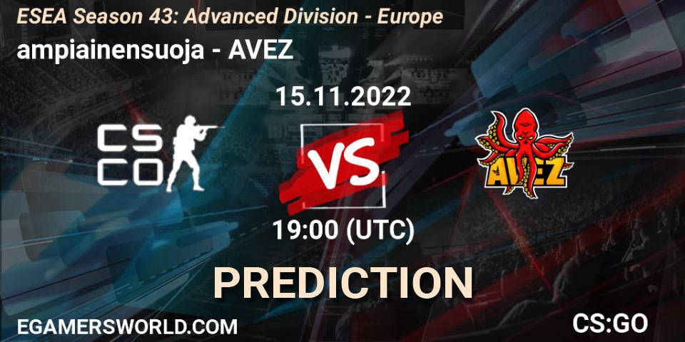 Pronósticos ampiainensuoja - AVEZ. 15.11.2022 at 19:00. ESEA Season 43: Advanced Division - Europe - Counter-Strike (CS2)