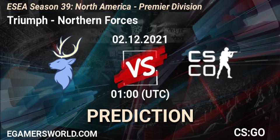 Pronósticos Triumph - Northern Forces. 06.12.2021 at 02:00. ESEA Season 39: North America - Premier Division - Counter-Strike (CS2)