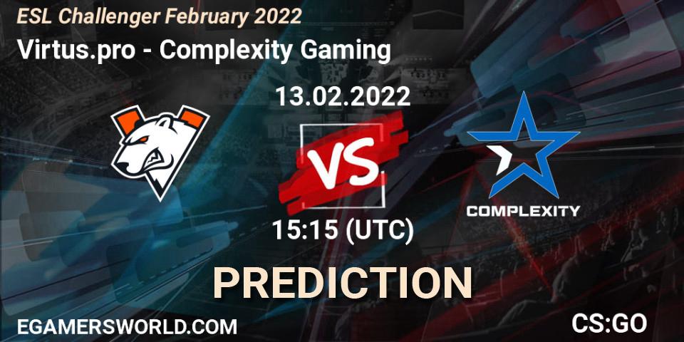 Pronósticos Virtus.pro - Complexity Gaming. 13.02.2022 at 15:55. ESL Challenger February 2022 - Counter-Strike (CS2)
