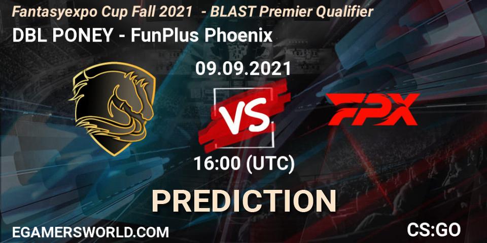 Pronósticos DBL PONEY - FunPlus Phoenix. 09.09.2021 at 16:00. Fantasyexpo Cup Fall 2021 - BLAST Premier Qualifier - Counter-Strike (CS2)