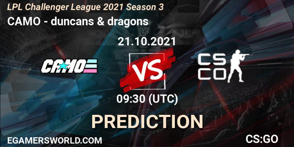 Pronósticos CAMO - duncans & dragons. 21.10.2021 at 09:30. LPL Challenger League 2021 Season 3 - Counter-Strike (CS2)
