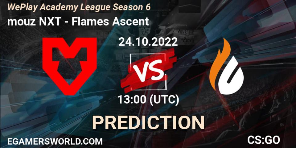 Pronósticos mouz NXT - Flames Ascent. 24.10.2022 at 13:00. WePlay Academy League Season 6 - Counter-Strike (CS2)