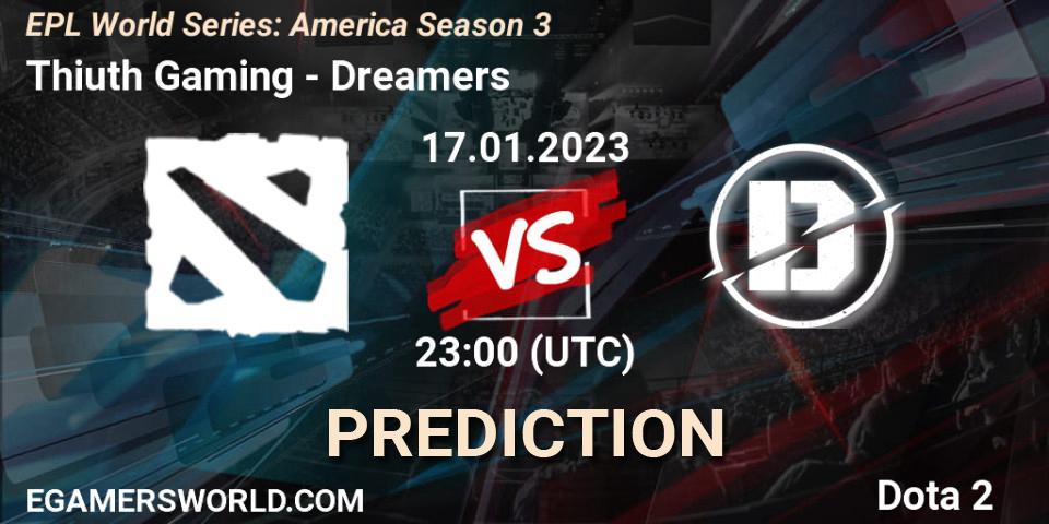 Pronósticos Thiuth Gaming - Dreamers. 17.01.2023 at 23:34. EPL World Series: America Season 3 - Dota 2