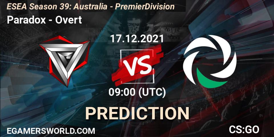 Pronósticos Paradox - Overt. 17.12.2021 at 09:00. ESEA Season 39: Australia - Premier Division - Counter-Strike (CS2)