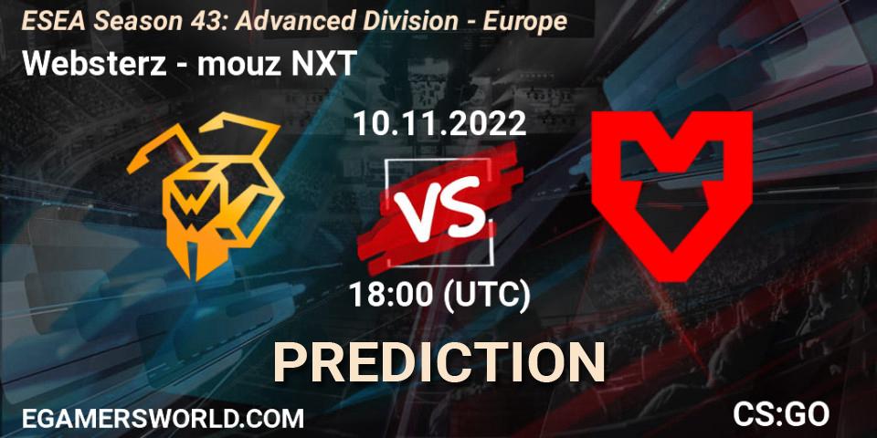 Pronósticos Websterz - mouz NXT. 10.11.2022 at 18:00. ESEA Season 43: Advanced Division - Europe - Counter-Strike (CS2)