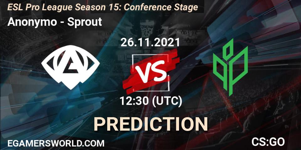 Pronósticos Anonymo - Sprout. 26.11.2021 at 12:30. ESL Pro League Season 15: Conference Stage - Counter-Strike (CS2)
