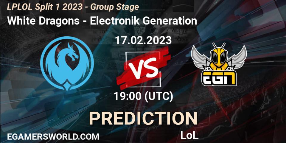 Pronósticos White Dragons - Electronik Generation. 17.02.2023 at 19:00. LPLOL Split 1 2023 - Group Stage - LoL