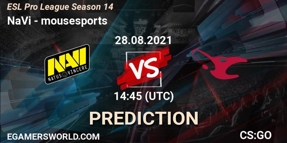 Pronósticos NaVi - mousesports. 28.08.2021 at 16:00. ESL Pro League Season 14 - Counter-Strike (CS2)