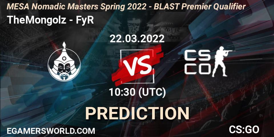 Pronósticos TheMongolz - FyR Esports. 22.03.2022 at 10:30. MESA Nomadic Masters Spring 2022 - BLAST Premier Qualifier - Counter-Strike (CS2)