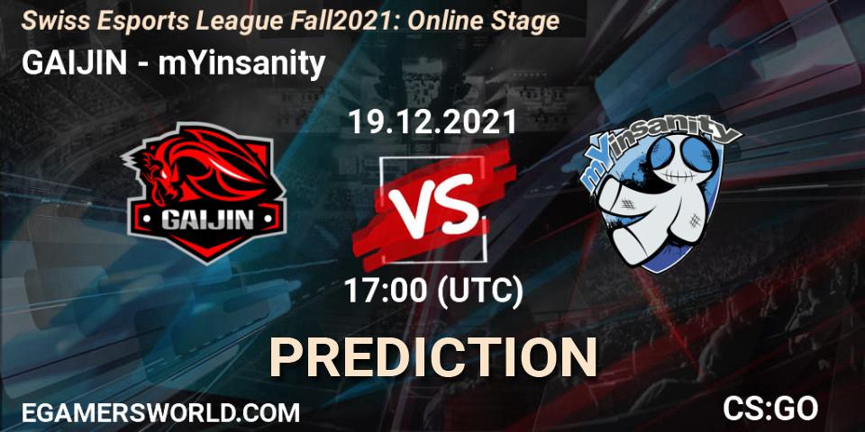 Pronósticos GAIJIN - mYinsanity. 19.12.2021 at 17:00. Swiss Esports League Fall 2021: Online Stage - Counter-Strike (CS2)
