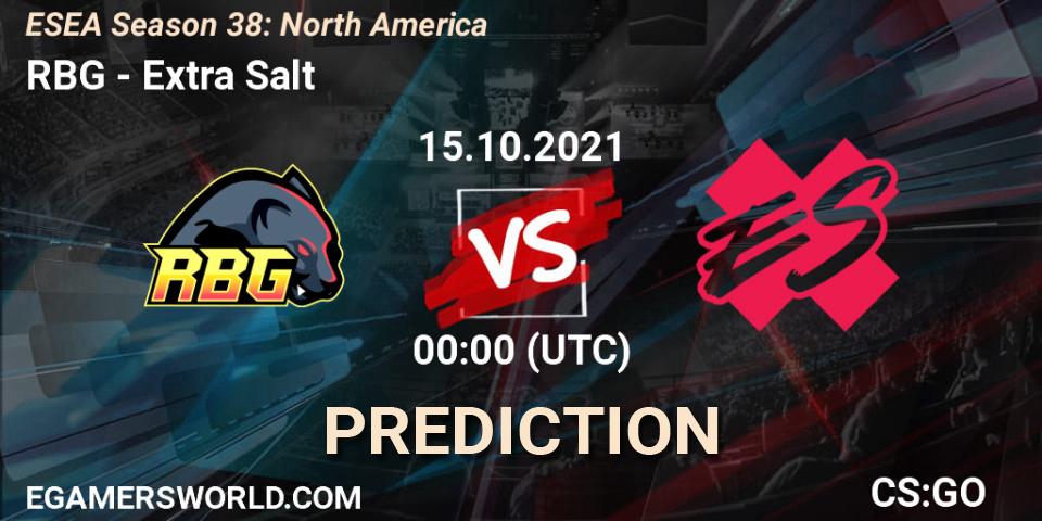 Pronósticos RBG - Extra Salt. 15.10.2021 at 00:00. ESEA Season 38: North America - Counter-Strike (CS2)