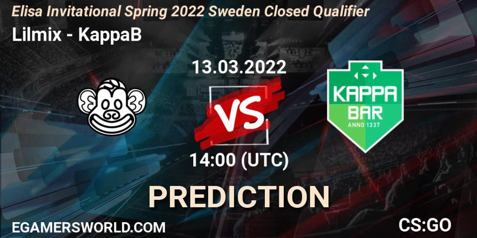 Pronósticos Lilmix - KappaB. 13.03.2022 at 14:00. Elisa Invitational Spring 2022 Sweden Closed Qualifier - Counter-Strike (CS2)