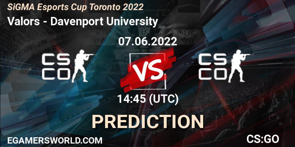 Pronósticos Valors - Davenport University. 07.06.2022 at 14:55. SiGMA Esports Cup Toronto 2022 - Counter-Strike (CS2)