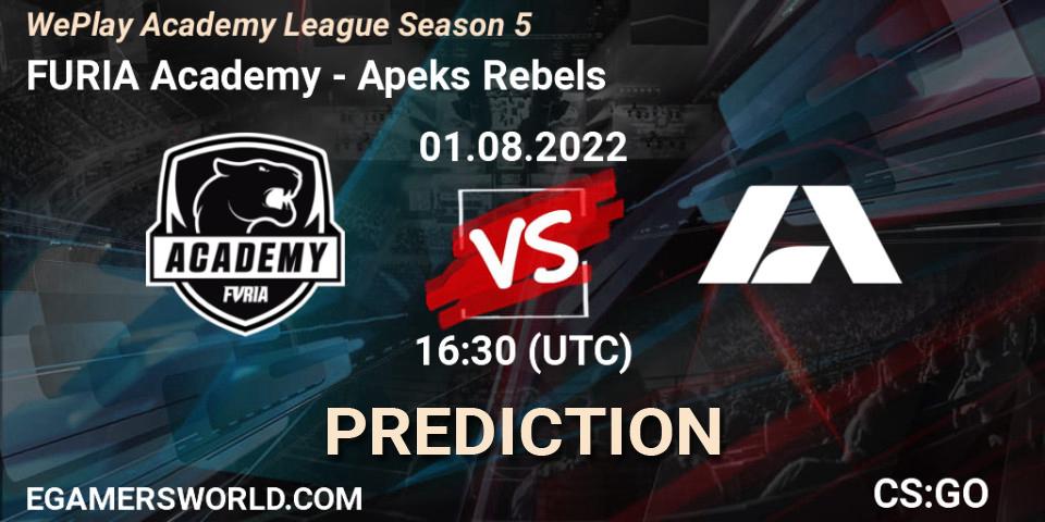 Pronósticos FURIA Academy - Apeks Rebels. 01.08.2022 at 16:25. WePlay Academy League Season 5 - Counter-Strike (CS2)