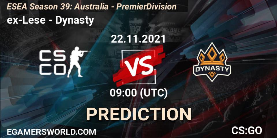 Pronósticos ex-Lese - Dynasty. 22.11.2021 at 09:00. ESEA Season 39: Australia - Premier Division - Counter-Strike (CS2)