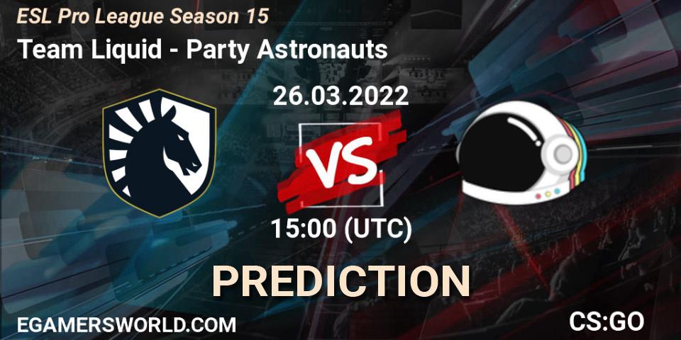 Pronósticos Team Liquid - Party Astronauts. 26.03.2022 at 15:10. ESL Pro League Season 15 - Counter-Strike (CS2)