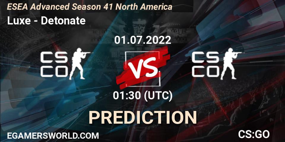 Pronósticos Luxe - Detonate. 01.07.2022 at 00:30. ESEA Advanced Season 41 North America - Counter-Strike (CS2)