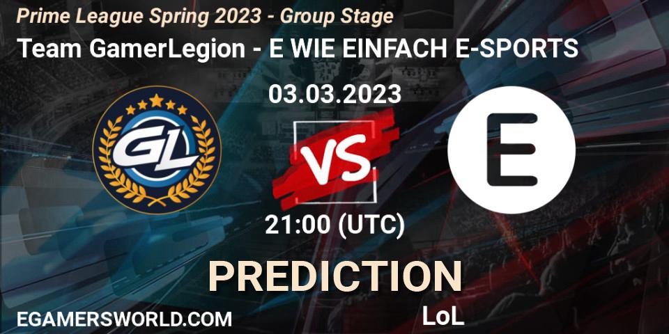 Pronósticos Team GamerLegion - E WIE EINFACH E-SPORTS. 03.03.2023 at 18:00. Prime League Spring 2023 - Group Stage - LoL