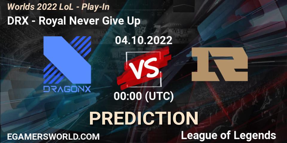 Pronósticos DRX - Royal Never Give Up. 30.09.2022 at 05:00. Worlds 2022 LoL - Play-In - LoL