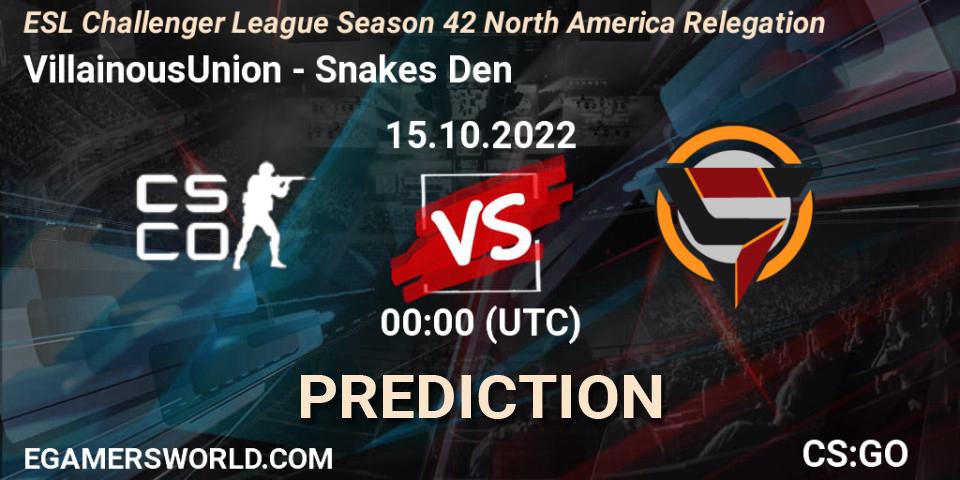 Pronósticos Villainous - Snakes Den. 15.10.2022 at 00:00. ESL Challenger League Season 42 North America Relegation - Counter-Strike (CS2)