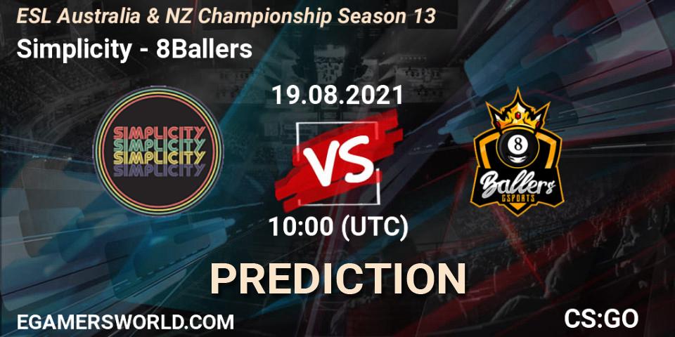 Pronósticos Simplicity - 8Ballers. 19.08.2021 at 10:40. ESL Australia & NZ Championship Season 13 - Counter-Strike (CS2)