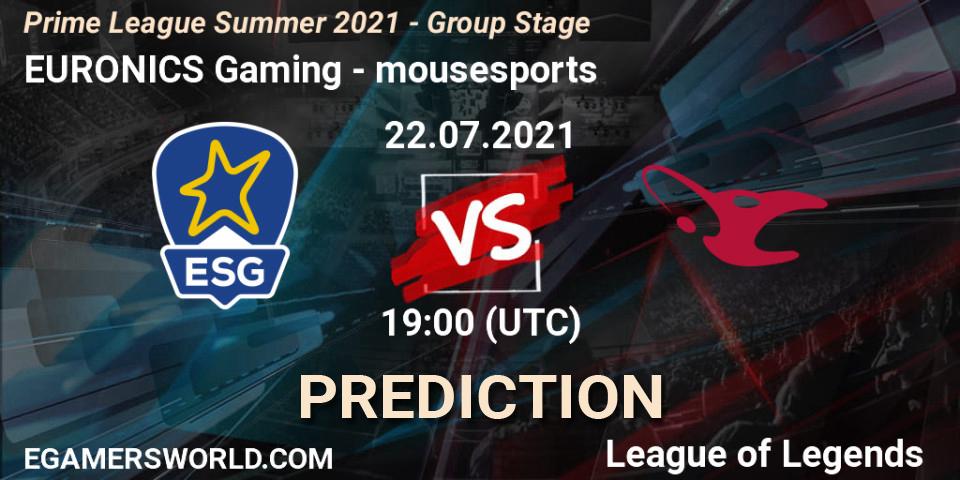 Pronósticos EURONICS Gaming - mousesports. 22.07.21. Prime League Summer 2021 - Group Stage - LoL