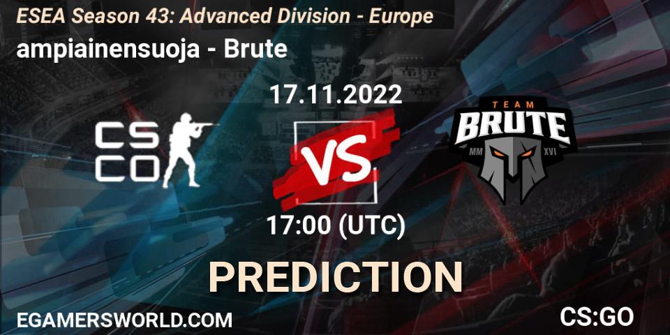 Pronósticos ampiainensuoja - Brute. 17.11.2022 at 17:00. ESEA Season 43: Advanced Division - Europe - Counter-Strike (CS2)