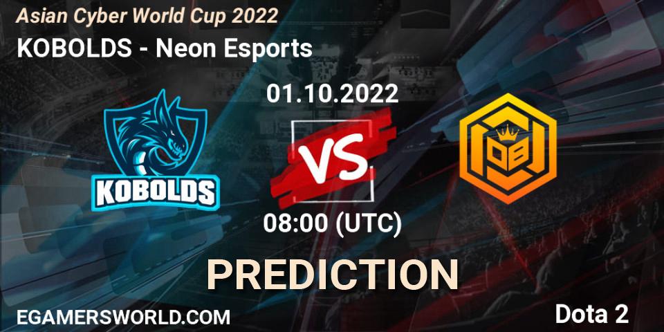 Pronósticos KOBOLDS - Neon Esports. 01.10.2022 at 09:11. Asian Cyber World Cup 2022 - Dota 2