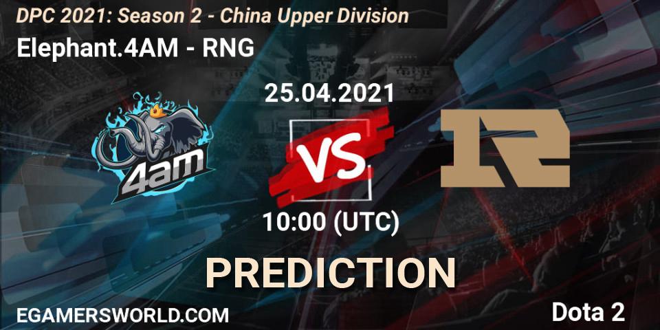 Pronósticos Elephant.4AM - RNG. 25.04.2021 at 09:58. DPC 2021: Season 2 - China Upper Division - Dota 2