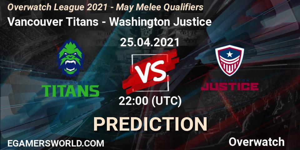 Pronósticos Vancouver Titans - Washington Justice. 25.04.2021 at 22:00. Overwatch League 2021 - May Melee Qualifiers - Overwatch