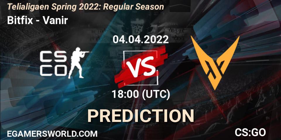 Pronósticos Bitfix - Vanir. 04.04.2022 at 18:00. Telialigaen Spring 2022: Regular Season - Counter-Strike (CS2)