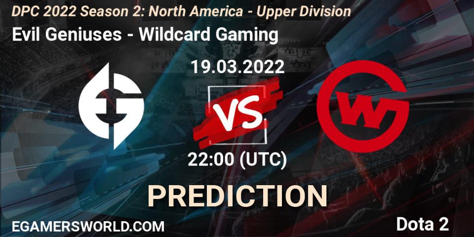 Pronósticos Evil Geniuses - Wildcard Gaming. 19.03.2022 at 22:56. DPC 2021/2022 Tour 2 (Season 2): NA Division I (Upper) - ESL One Spring 2022 - Dota 2