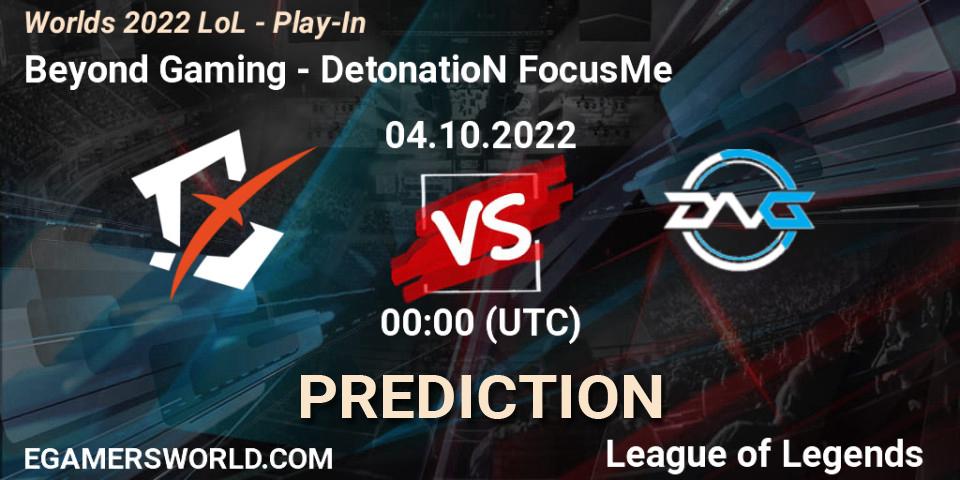 Pronósticos Beyond Gaming - DetonatioN FocusMe. 01.10.2022 at 22:00. Worlds 2022 LoL - Play-In - LoL