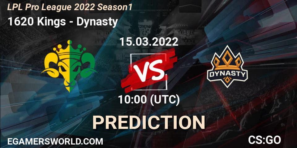 Pronósticos 1620 Kings - Dynasty. 15.03.2022 at 07:30. LPL Pro League 2022 Season 1 - Counter-Strike (CS2)