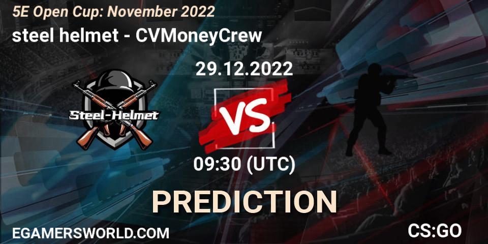 Pronósticos steel helmet - CVMoneyCrew. 29.12.2022 at 07:00. 5E Open Cup: November 2022 - Counter-Strike (CS2)