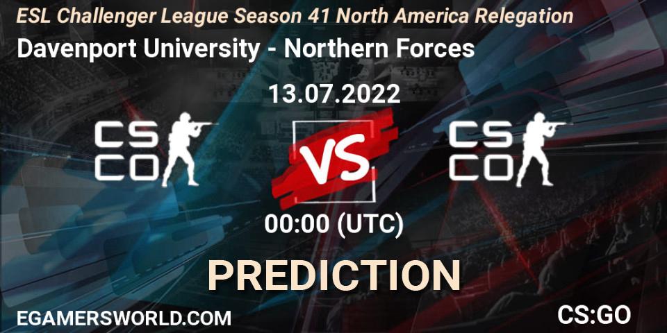Pronósticos Davenport University - Northern Forces. 13.07.2022 at 00:00. ESL Challenger League Season 41 North America Relegation - Counter-Strike (CS2)
