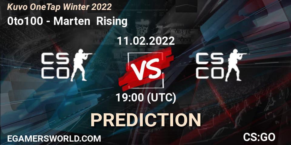 Pronósticos 0to100 - Marten Rising. 11.02.2022 at 20:45. Kuvo OneTap Winter 2022 - Counter-Strike (CS2)