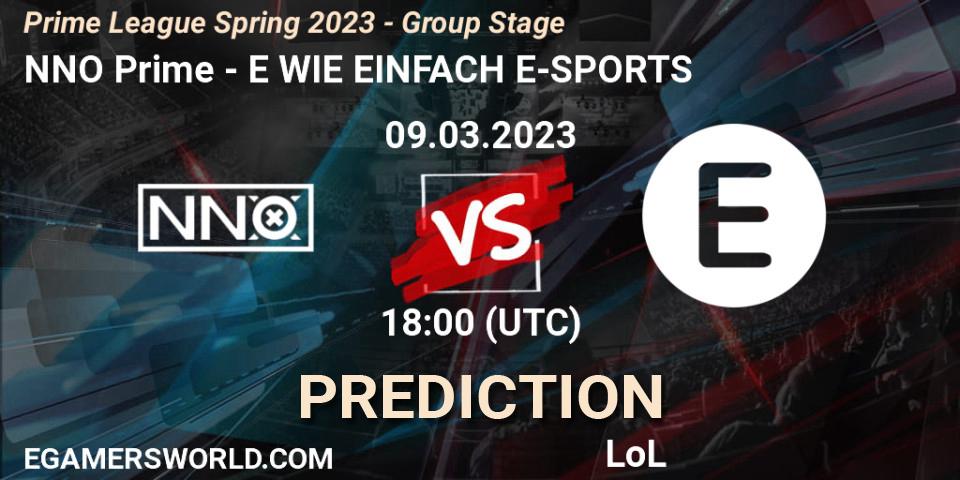 Pronósticos NNO Prime - E WIE EINFACH E-SPORTS. 09.03.2023 at 18:00. Prime League Spring 2023 - Group Stage - LoL