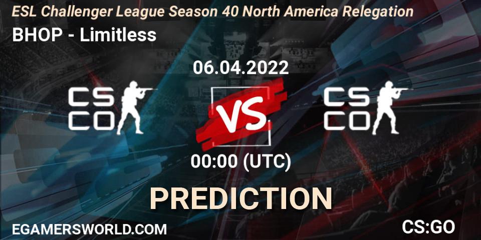 Pronósticos BHOP - Limitless. 06.04.2022 at 00:00. ESL Challenger League Season 40 North America Relegation - Counter-Strike (CS2)