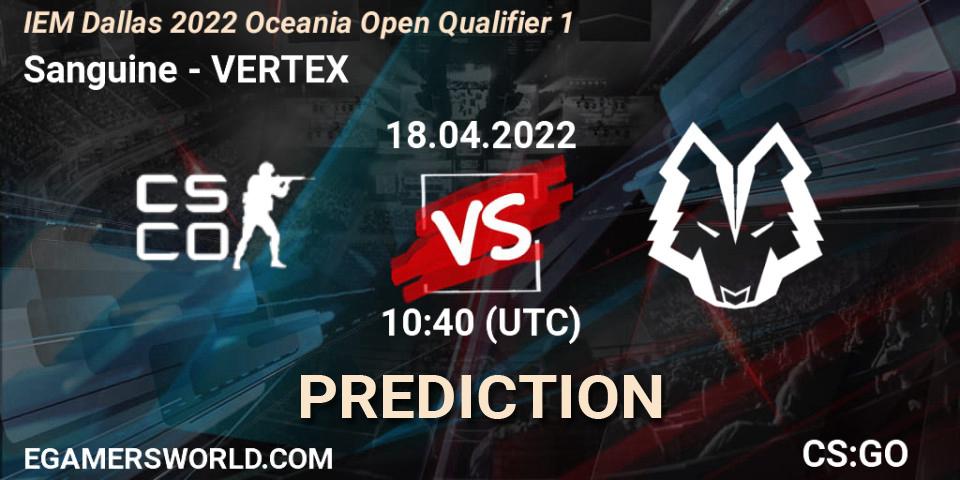 Pronósticos Sanguine - VERTEX. 18.04.2022 at 10:40. IEM Dallas 2022 Oceania Open Qualifier 1 - Counter-Strike (CS2)