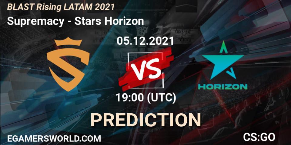 Pronósticos Supremacy - Stars Horizon. 05.12.2021 at 19:05. BLAST Rising LATAM 2021 - Counter-Strike (CS2)