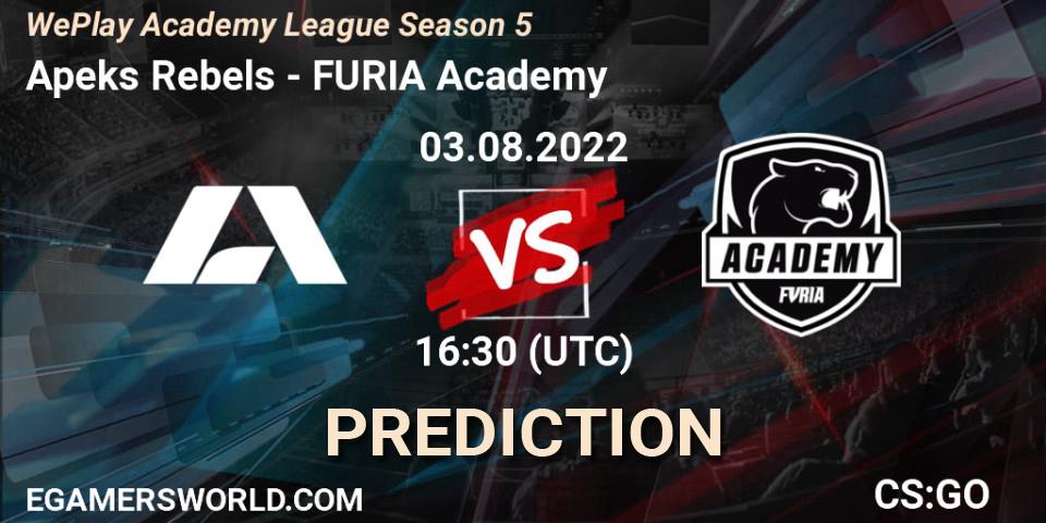 Pronósticos Apeks Rebels - FURIA Academy. 03.08.2022 at 16:30. WePlay Academy League Season 5 - Counter-Strike (CS2)