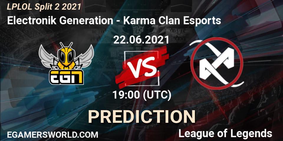 Pronósticos Electronik Generation - Karma Clan Esports. 22.06.2021 at 19:00. LPLOL Split 2 2021 - LoL