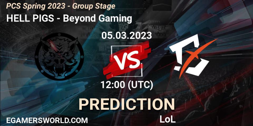 Pronósticos HELL PIGS - Beyond Gaming. 19.02.2023 at 10:15. PCS Spring 2023 - Group Stage - LoL