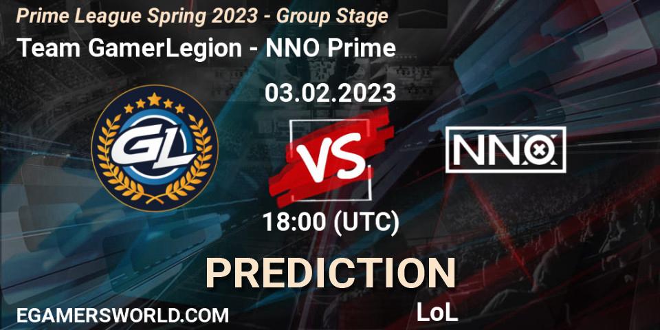 Pronósticos Team GamerLegion - NNO Prime. 03.02.2023 at 20:00. Prime League Spring 2023 - Group Stage - LoL