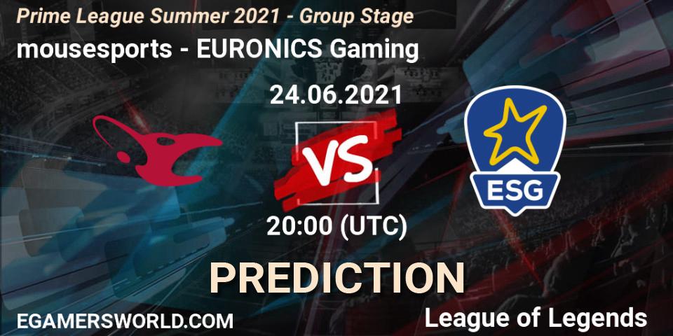 Pronósticos mousesports - EURONICS Gaming. 24.06.21. Prime League Summer 2021 - Group Stage - LoL