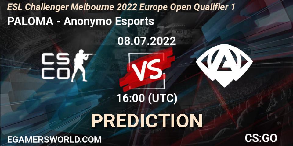 Pronósticos PALOMA - Anonymo Esports. 08.07.2022 at 16:00. ESL Challenger Melbourne 2022 Europe Open Qualifier 1 - Counter-Strike (CS2)