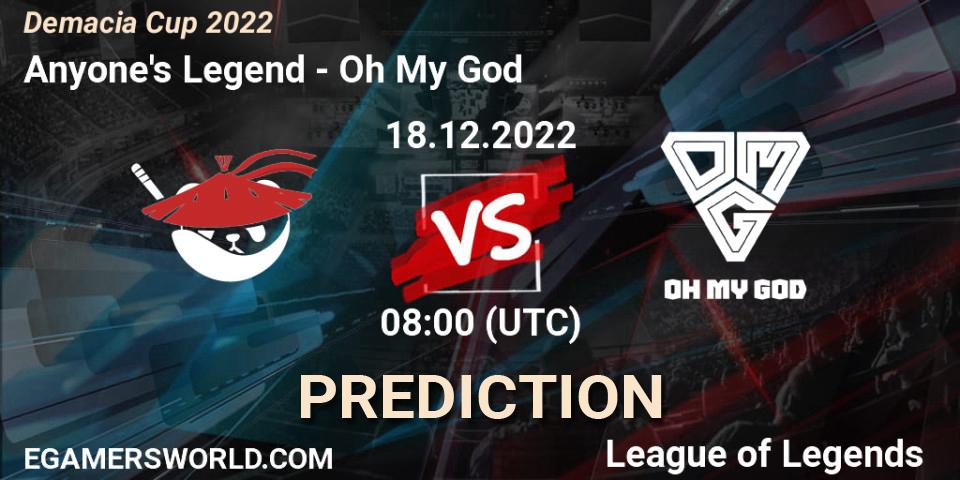 Pronósticos Anyone's Legend - Oh My God. 18.12.2022 at 08:00. Demacia Cup 2022 - LoL